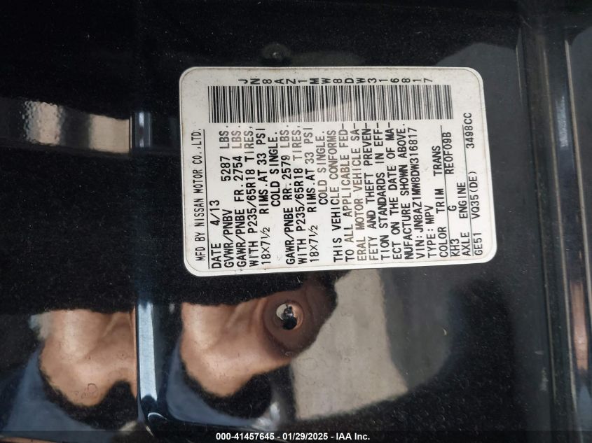 2013 Nissan Murano Sv VIN: JN8AZ1MW8DW316817 Lot: 41457645