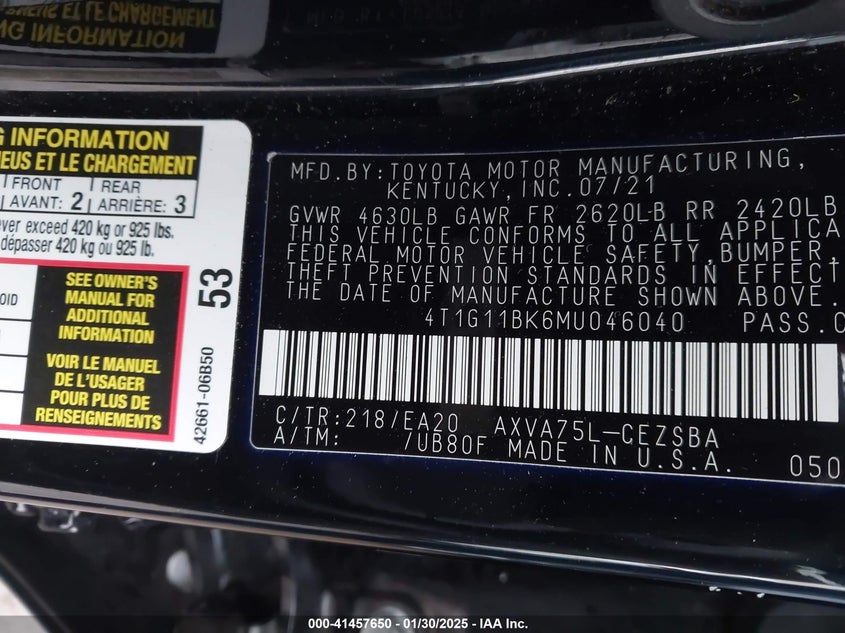 2021 TOYOTA CAMRY VIN: 4T1G11BK6MU046040