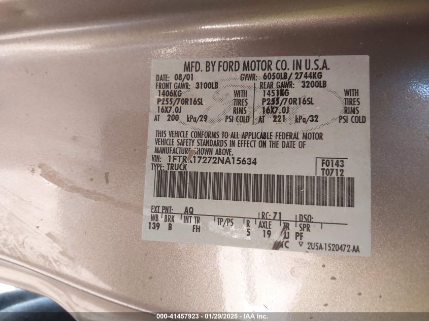 2002 Ford F-150 Xl/Xlt VIN: 1FTRX17272NA15634 Lot: 41457923