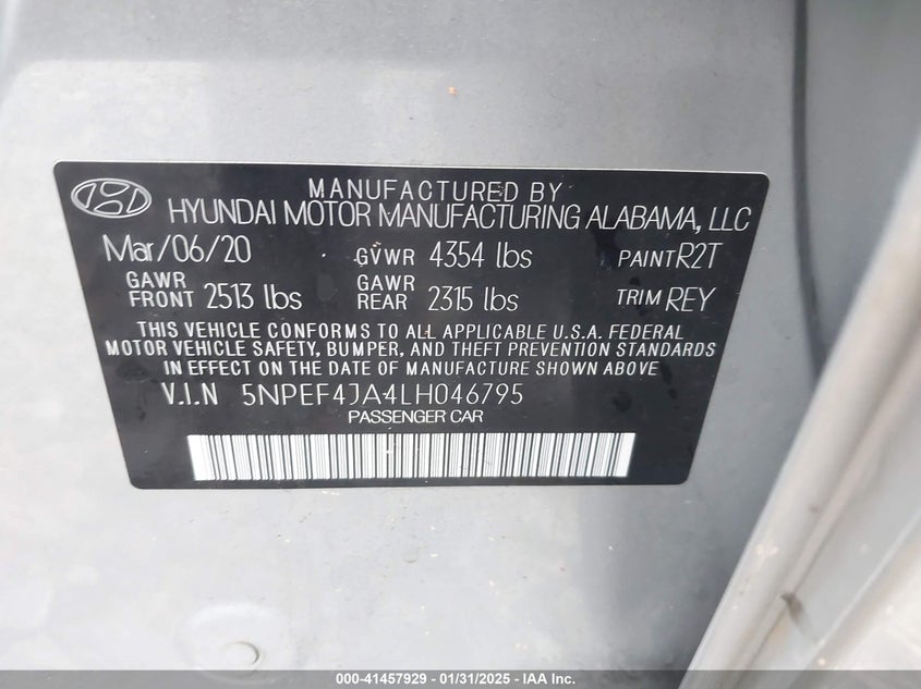 2020 HYUNDAI SONATA VIN: 5NPEF4JA4LH046795