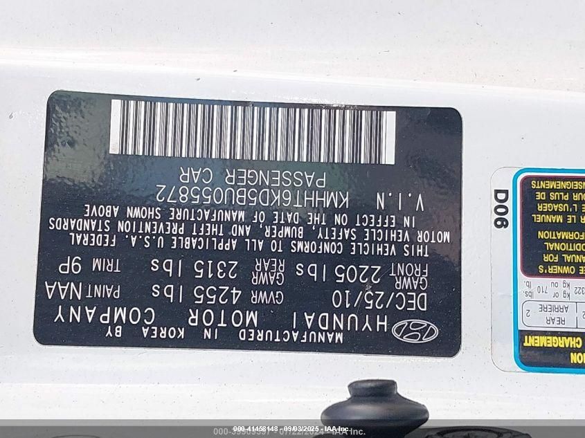 2011 Hyundai Genesis 2.0T VIN: KMHHT6KD5BU055872 Lot: 41458148