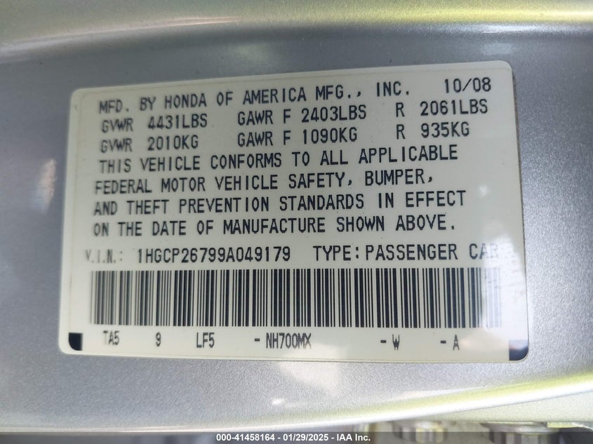2009 HONDA ACCORD VIN: 1HGCP26799A049179