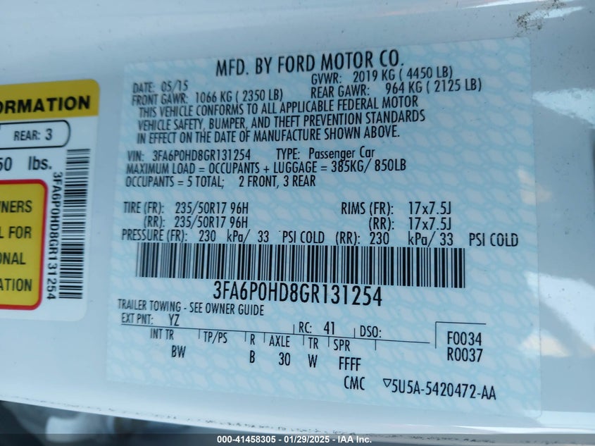 2016 FORD FUSION VIN: 3FA6P0HD8GR131254