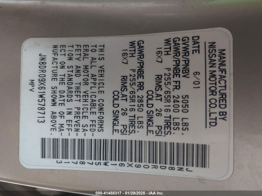 2001 Nissan Pathfinder Le VIN: JN8DR09X61W578713 Lot: 41458317