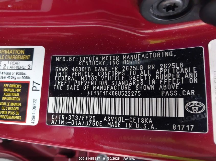 2016 Toyota Camry Se VIN: 4T1BF1FK0GU522275 Lot: 41458337