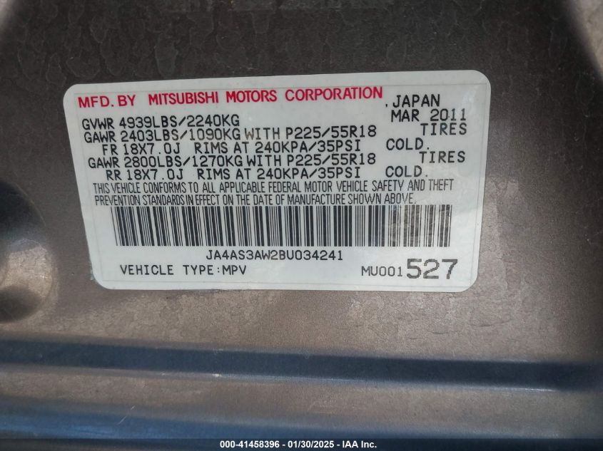 2011 Mitsubishi Outlander Se VIN: JA4AS3AW2BU034241 Lot: 41458396