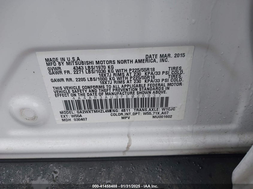 2015 MITSUBISHI OUTLANDER SPORT VIN: 4A4AR3AU9FE026937