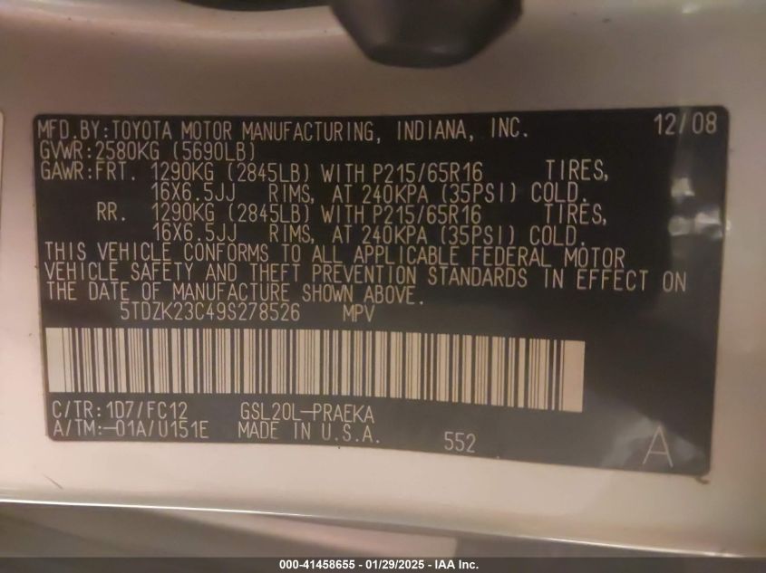2009 Toyota Sienna Le VIN: 5TDZK23C49S278526 Lot: 41458655