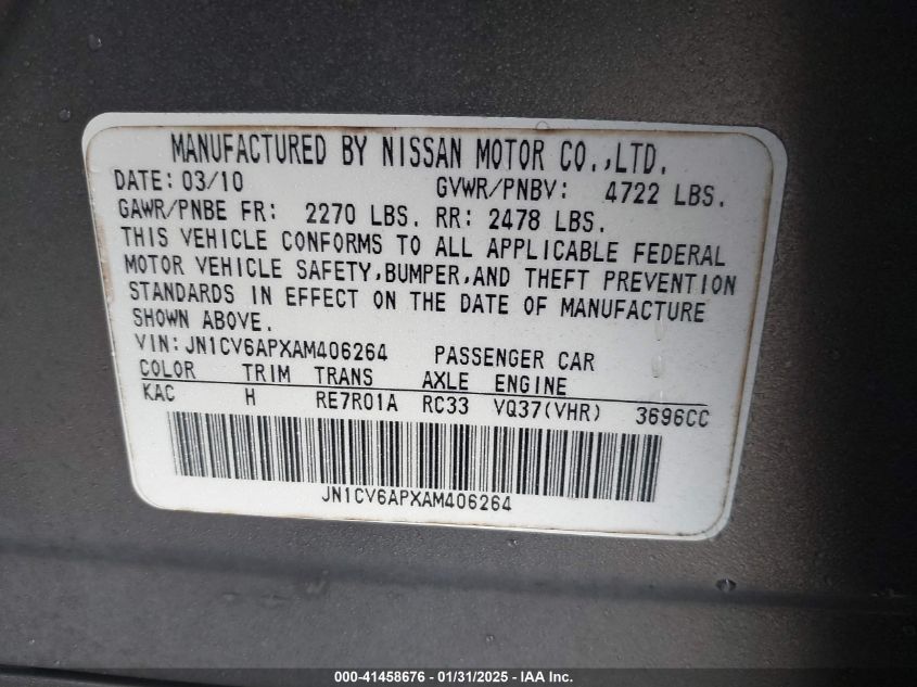 2010 Infiniti G37 Journey VIN: JN1CV6APXAM406264 Lot: 41458676