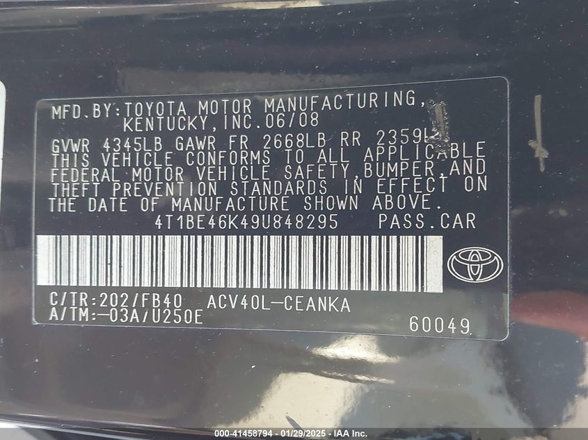 2009 TOYOTA CAMRY VIN: 4T1BE46K49U848295
