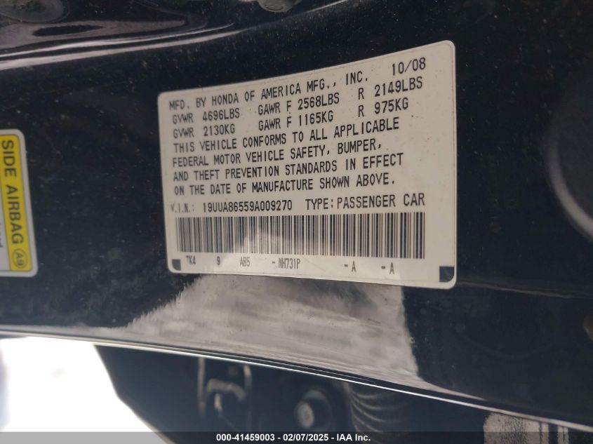 2009 Acura Tl 3.5 VIN: 19UUA86559A009270 Lot: 41459003