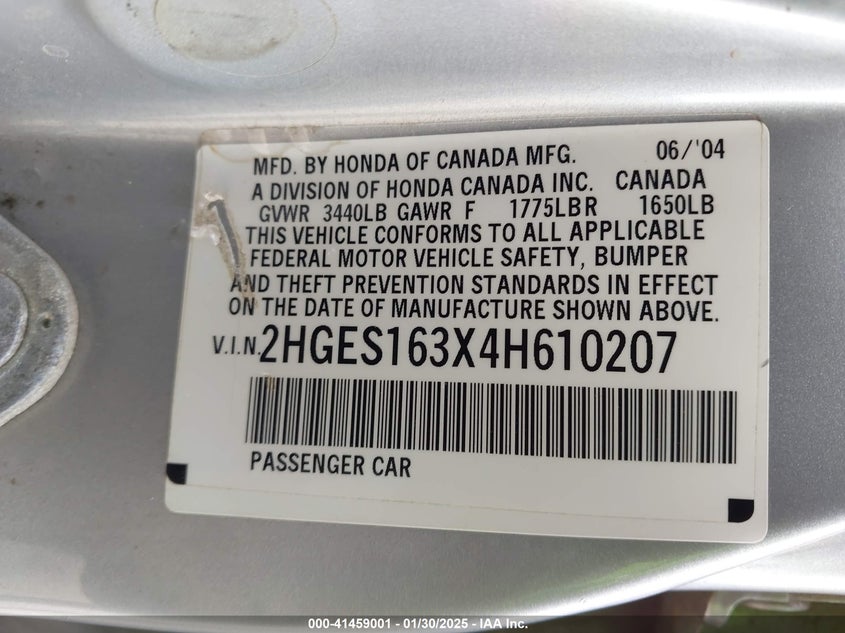 2004 Honda Civic Vp VIN: 2HGES163X4H610207 Lot: 41459001
