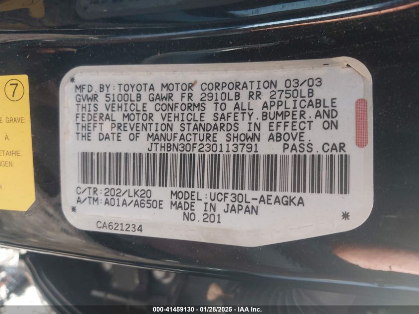 2003 Lexus Ls 430 VIN: JTHBN30F230113791 Lot: 41459130