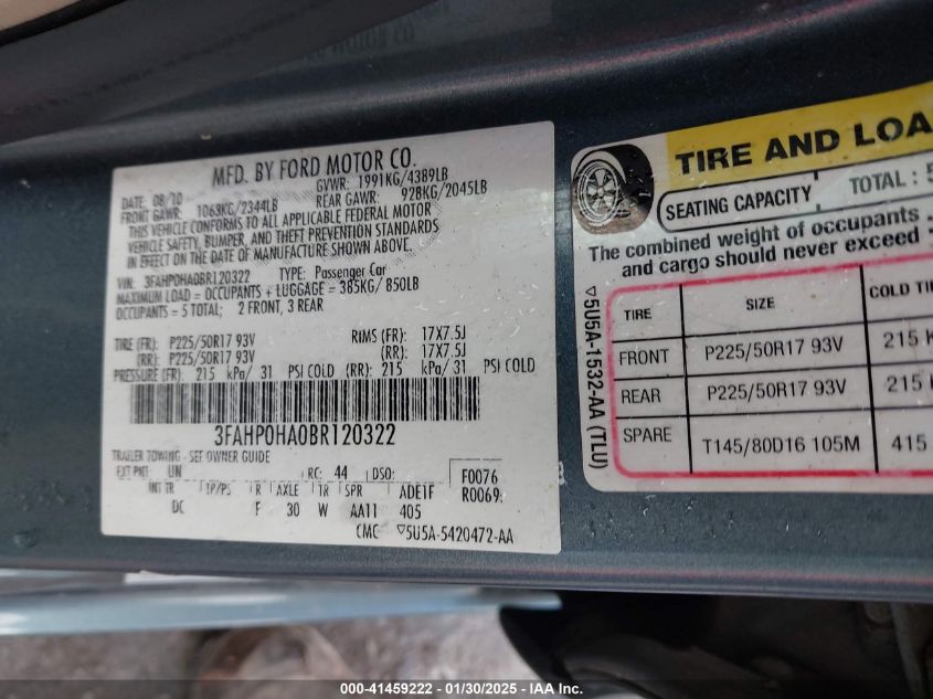 2011 Ford Fusion Se VIN: 3FAHP0HA0BR120322 Lot: 41459222