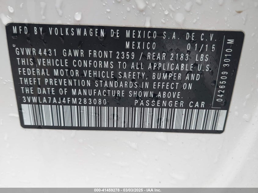 2015 VOLKSWAGEN JETTA VIN: 3VWLA7AJ4FM283080