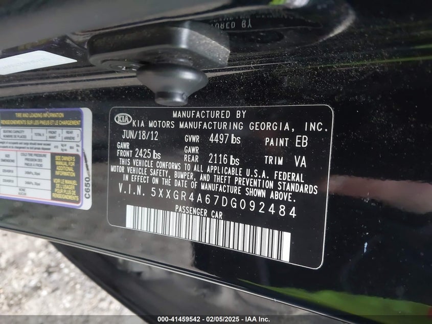 2013 KIA OPTIMA VIN: 5XXGR4A67DG092484