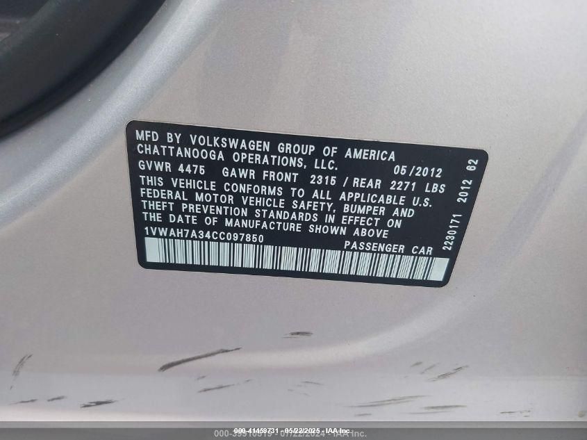 2012 Volkswagen Passat 2.5L S VIN: 1VWAH7A34CC097850 Lot: 41459731