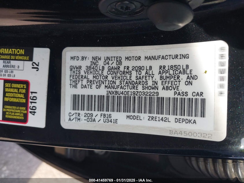 2009 TOYOTA COROLLA VIN: 1NXBU40E19Z032229