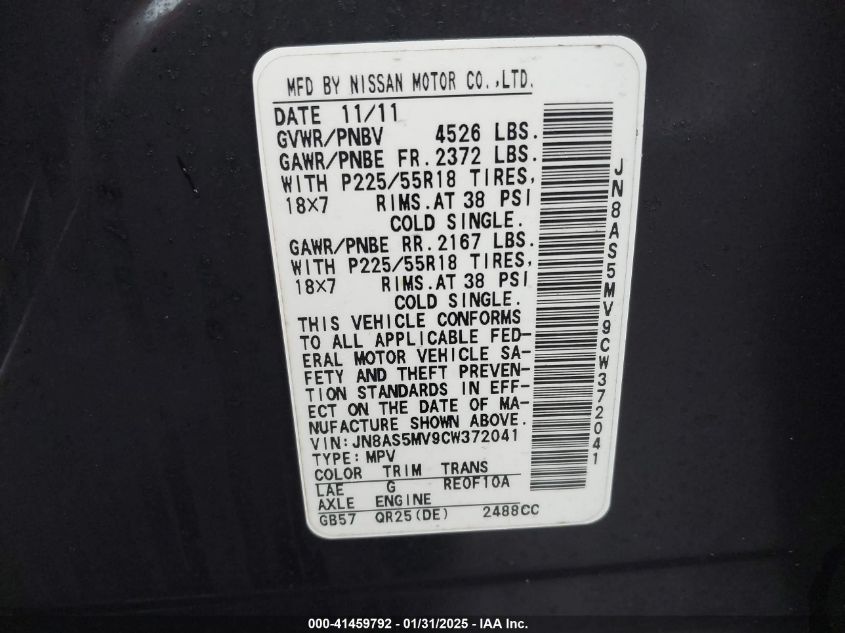 2012 Nissan Rogue VIN: JN8A85MV9CW372041 Lot: 41459792