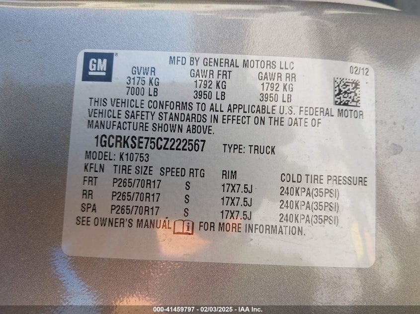 2012 CHEVROLET SILVERADO VIN: 1GCRKSE75CZ222567
