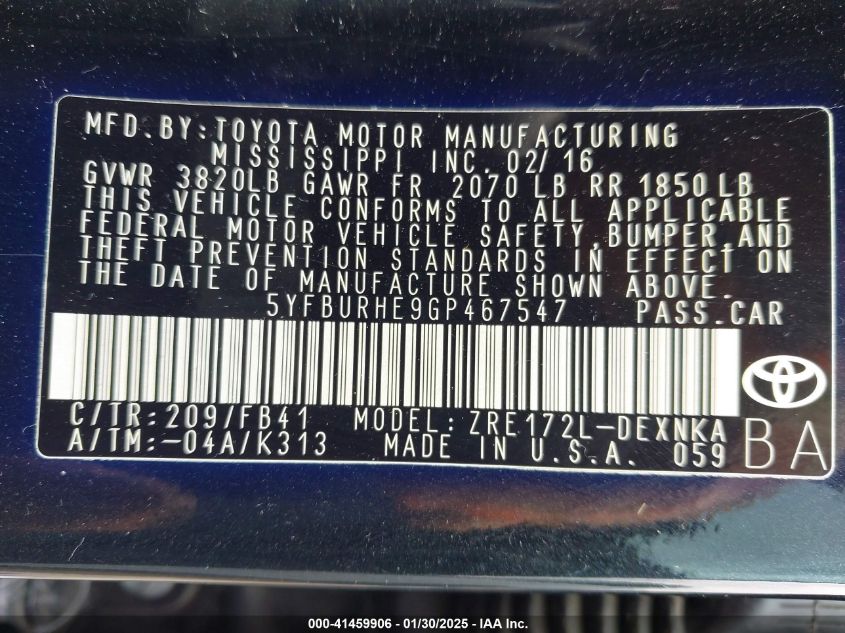 2016 Toyota Corolla Le Plus VIN: 5YFBURHE9GP467547 Lot: 41459906