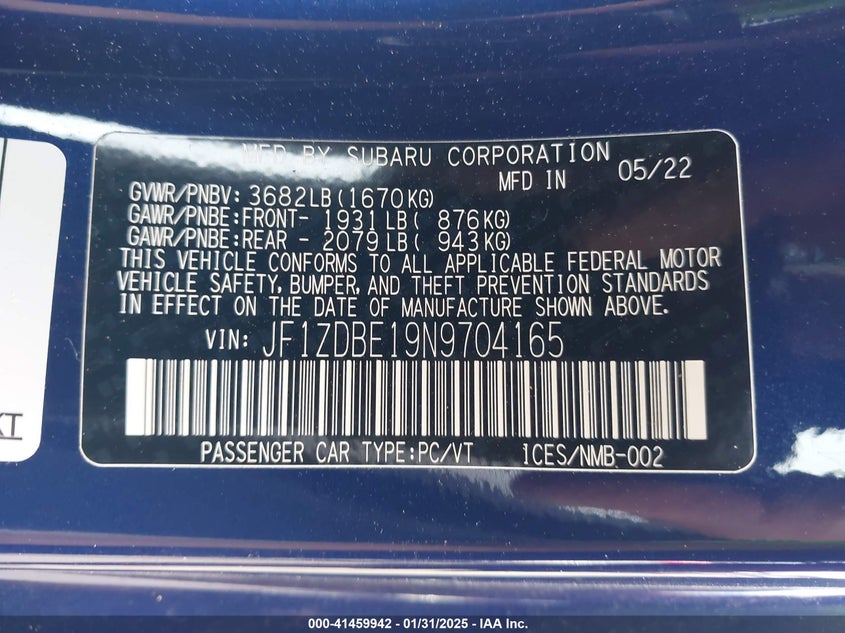 2022 SUBARU BRZ VIN: JF1ZDBE19N9704165