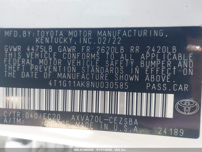 2022 TOYOTA CAMRY VIN: 4T1G11AK8NU030585