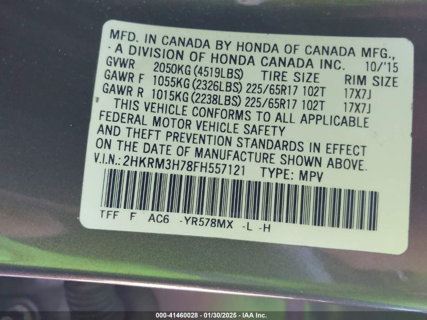 2015 Honda Cr-V Ex-L VIN: 2HKRM3H78FH557121 Lot: 41460028