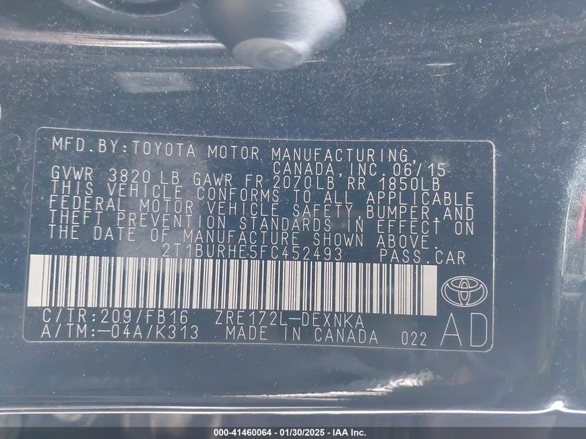 2015 TOYOTA COROLLA VIN: 2T1BURHE5FC452493
