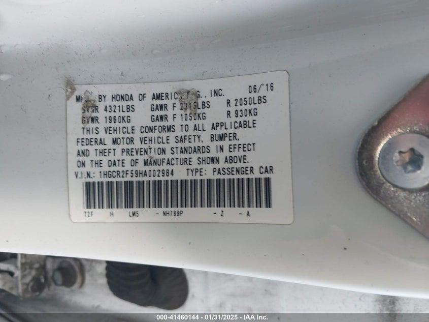 2017 HONDA ACCORD VIN: 1HGCR2F59HA002984
