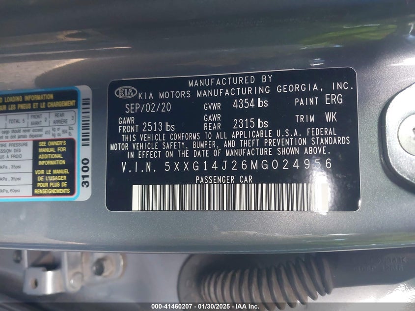 2021 KIA K5 VIN: 5XXG14J26MG024956