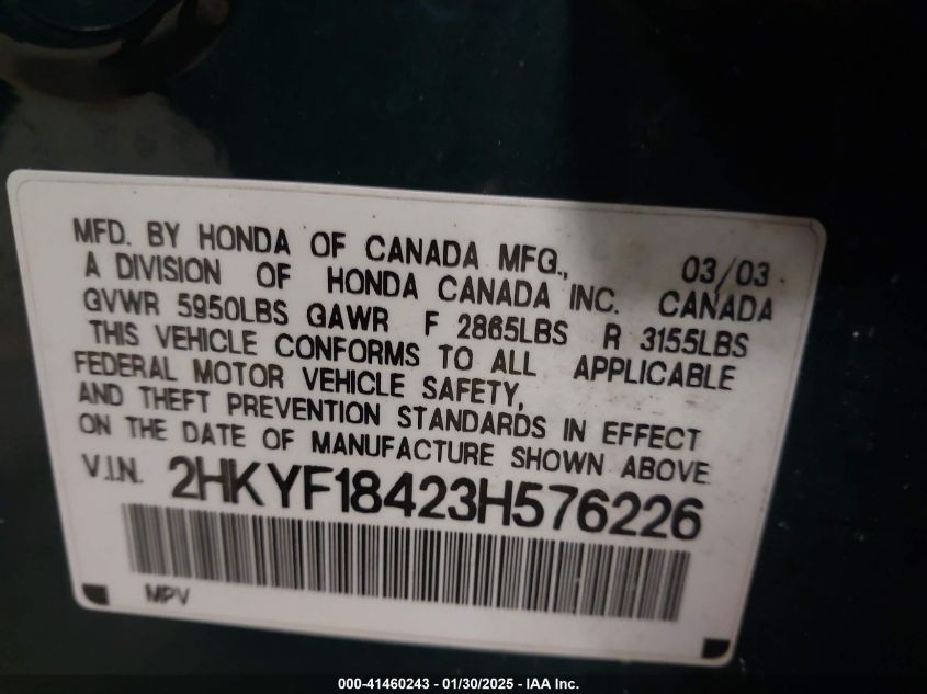 2003 Honda Pilot Ex VIN: 2HKYF18423H576226 Lot: 41460243