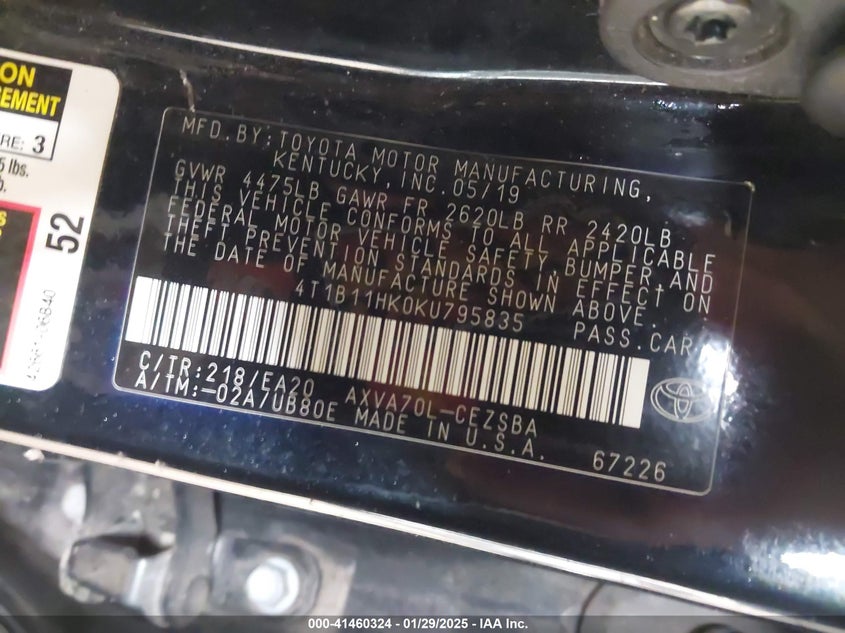 2019 TOYOTA CAMRY VIN: 4T1B11HK0KU795835