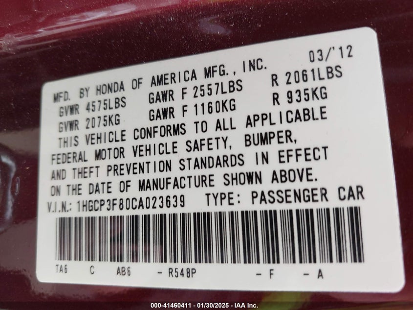 2012 HONDA ACCORD VIN: 1HGCP3F80CA023639