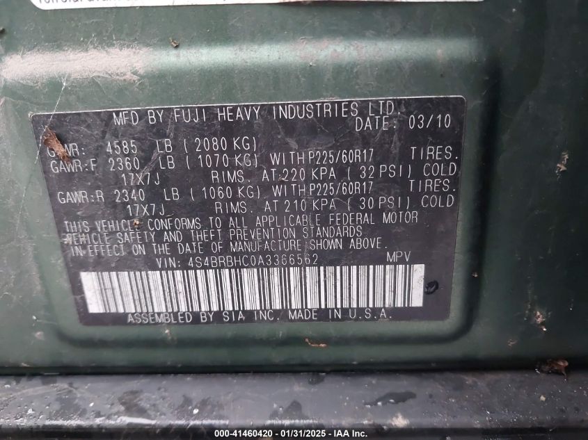 2010 Subaru Outback 2.5I Premium VIN: 4S4BRBHC0A3366562 Lot: 41460420