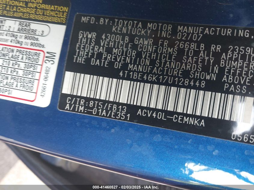 2007 Toyota Camry Ce VIN: 4T1BE46K17U128448 Lot: 41460527