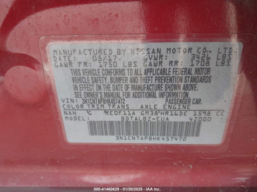 2017 NISSAN VERSA 1.6 SV - 3N1CN7AP8HK457472
