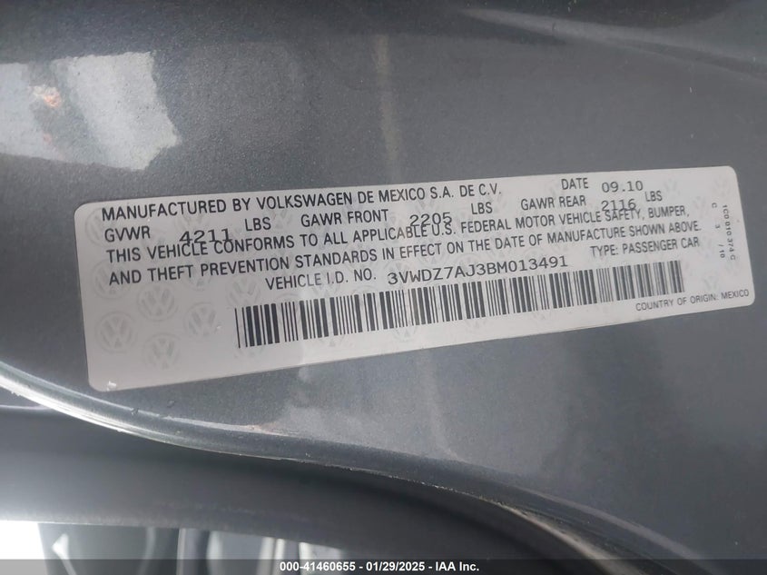 2011 VOLKSWAGEN JETTA VIN: 3VWDZ7AJ3BM013491