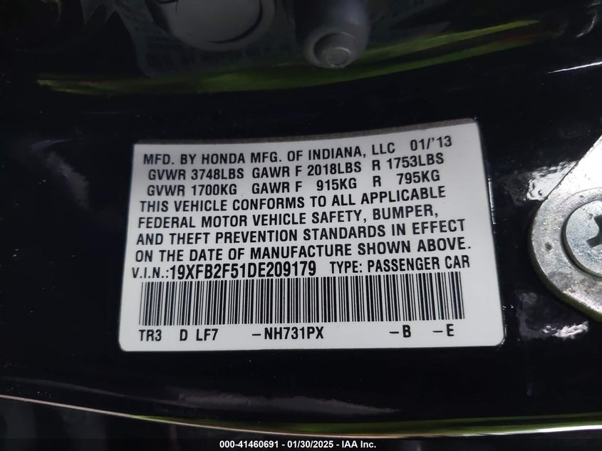 2013 Honda Civic Lx VIN: 19XFB2F51DE209179 Lot: 41460691