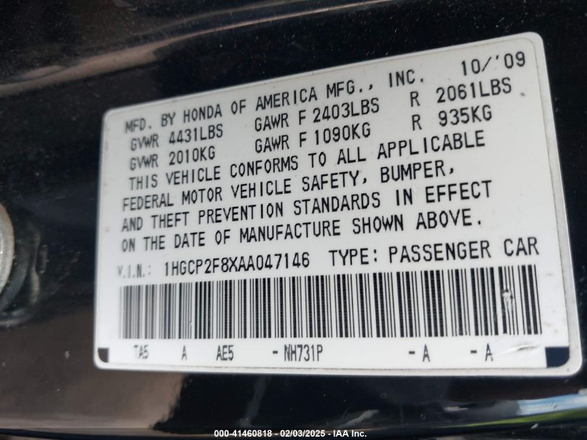2010 Honda Accord 2.4 Ex-L VIN: 1HGCP2F8XAA047146 Lot: 41460818