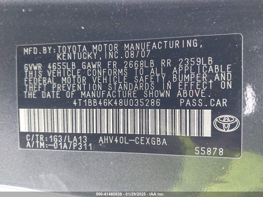 2008 TOYOTA CAMRY HYBRID VIN: 4T1BB46K48U035286