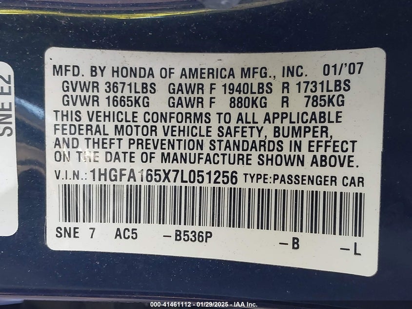 2007 HONDA CIVIC VIN: 1HGFA165X7L051256