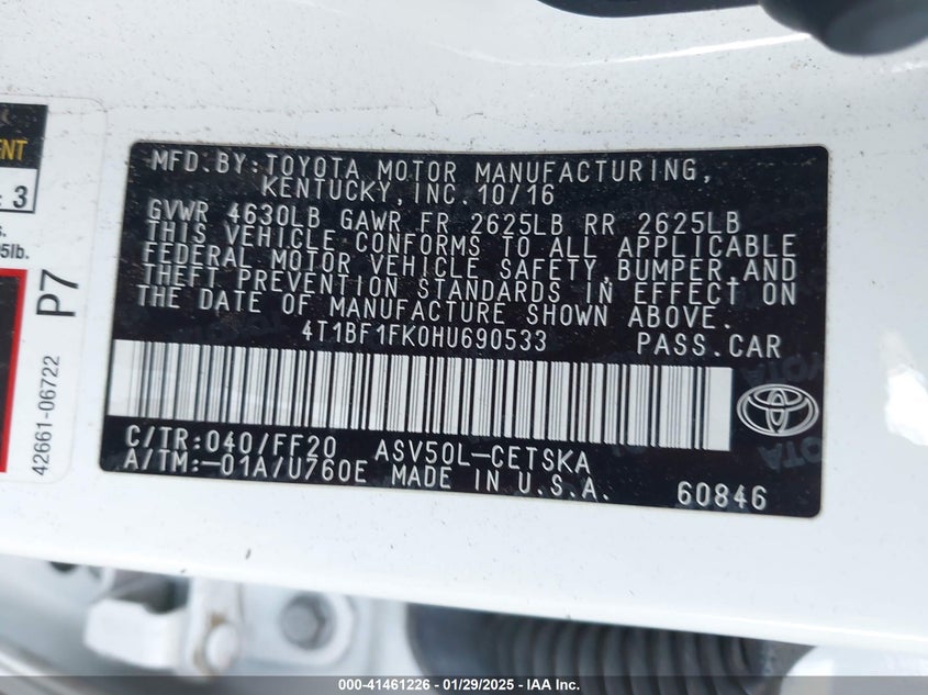 2017 TOYOTA CAMRY VIN: 4T1BF1FK0HU690533