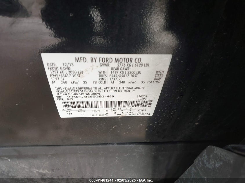 2014 FORD EXPLORER VIN: 1FM5K7B85EGB34489