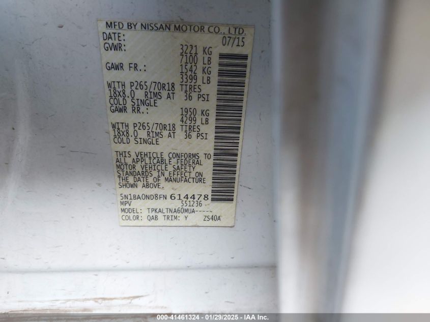 2015 Nissan Armada Sv VIN: 5N1BA0ND8FN614478 Lot: 41461324