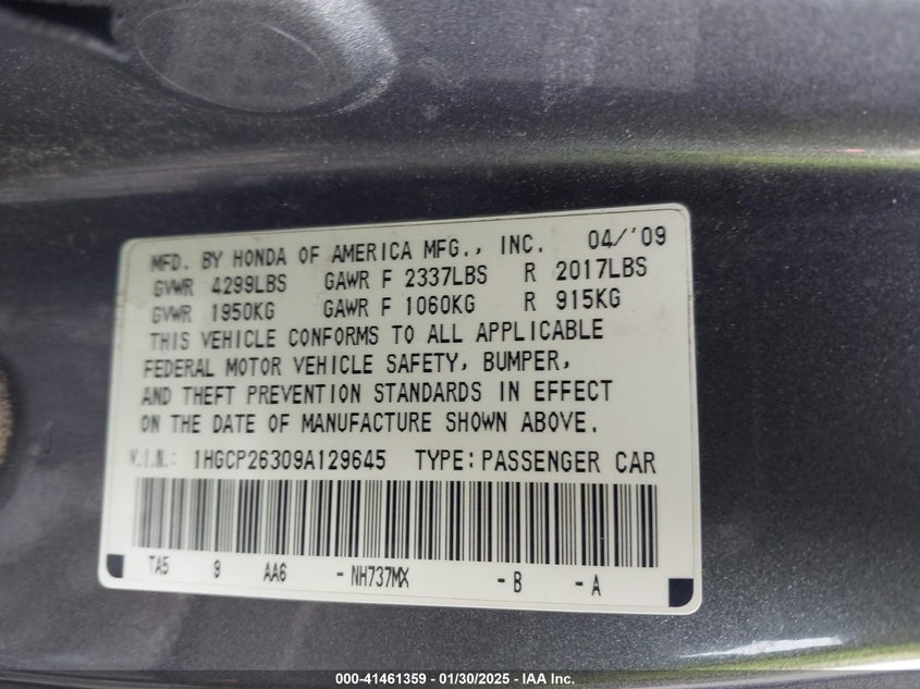 2009 HONDA ACCORD VIN: 1HGCP26309A129645