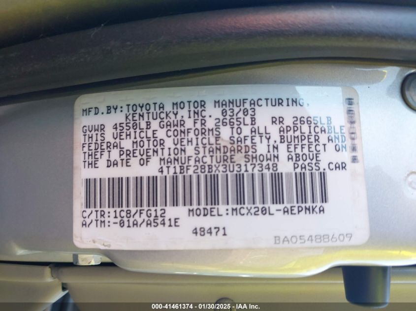 2003 Toyota Avalon Xl VIN: 4T1BF28BX3U317348 Lot: 41461374