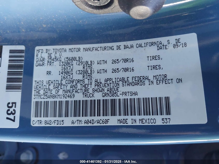 2019 TOYOTA TACOMA VIN: 3TMCZ5AN8KM192469