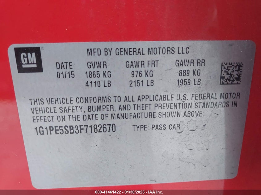 2015 CHEVROLET CRUZE VIN: 1G1PE5SB3F7182670