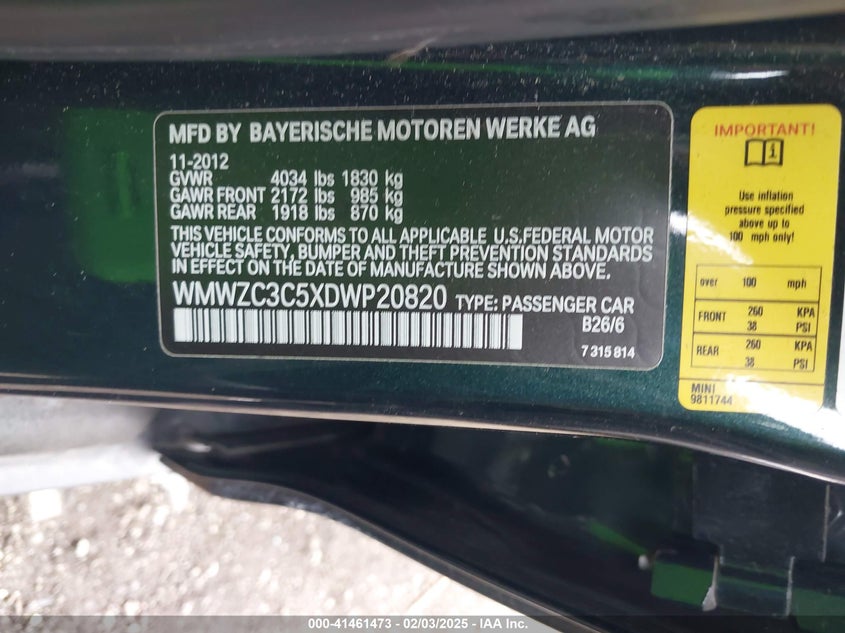 2013 MINI COUNTRYMAN VIN: WMWZC3C5XDWP20820